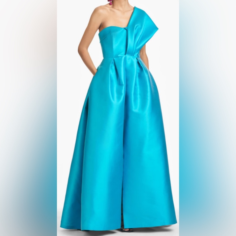 NWT Sachin & Babi Clarissa One Shoulder Aqua Full Skirt Ballgown Pockets - Sz 8